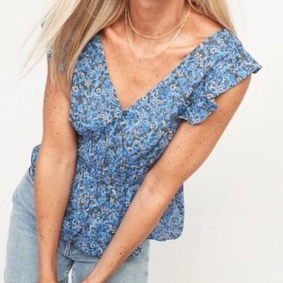 Old Navy Button Front Waist Defined Blouse Smocked Back Peasant Top Blue Floral - Picture 1 of 6